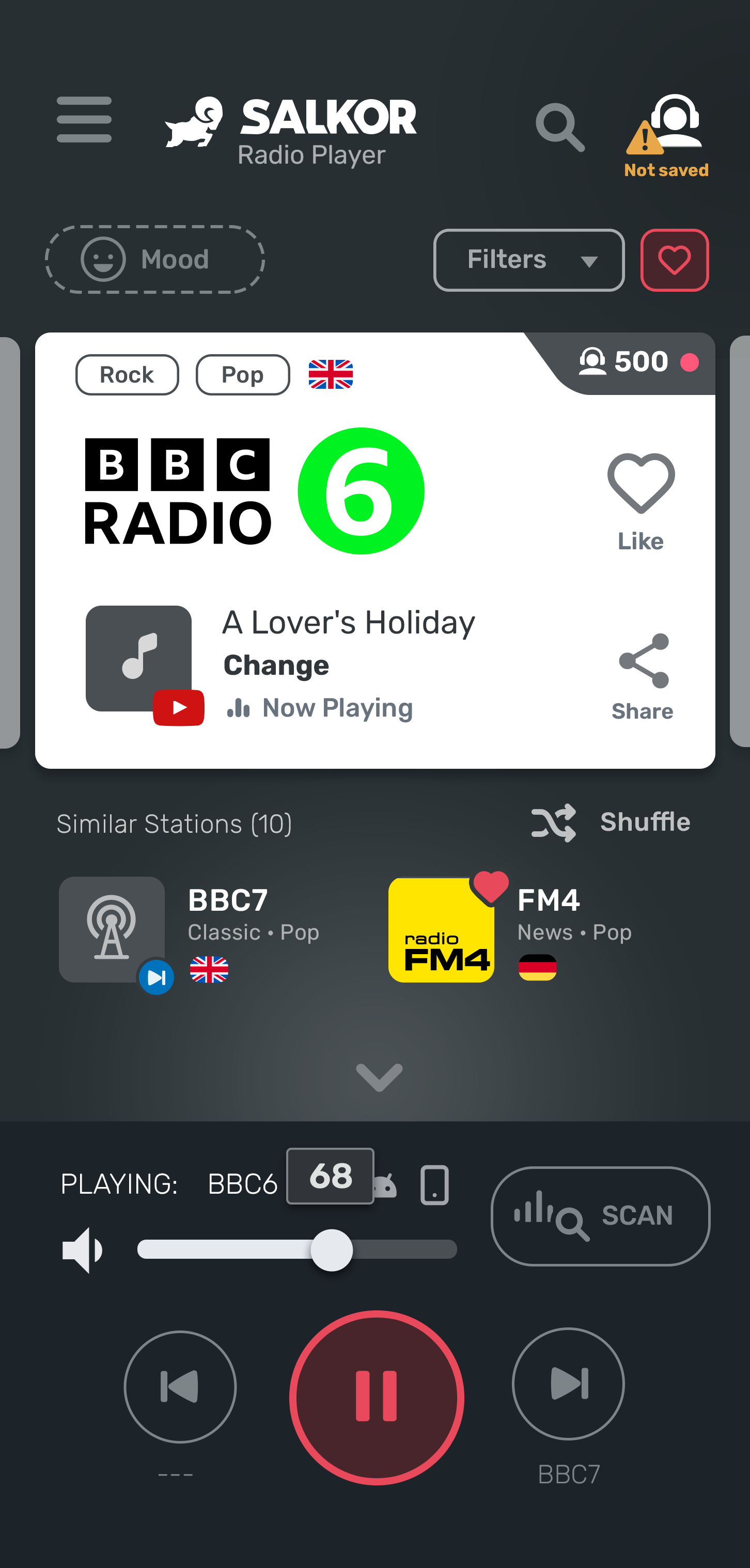 Radio Player V3 playing BBC Radio 6 with similar stations and player controls